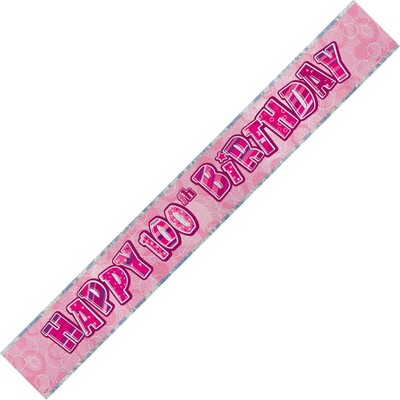 Pink & Silver Happy 100th Birthday Prismatic Foil Banner | 2.74m Party Decoration