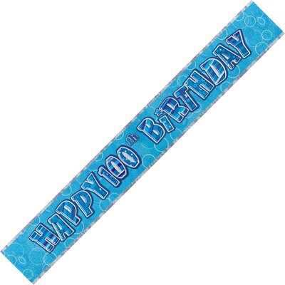 Blue & Silver Happy 100th Birthday Prismatic Foil Banner | 2.74m Party Decoration