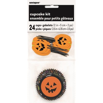 Halloween Pumpkin Faces Cupcake Kit With Pick Toppers Pk 24