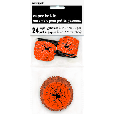 Halloween Orange Spider Web Cupcake Kit (Wraps and Picks) Pk 24
