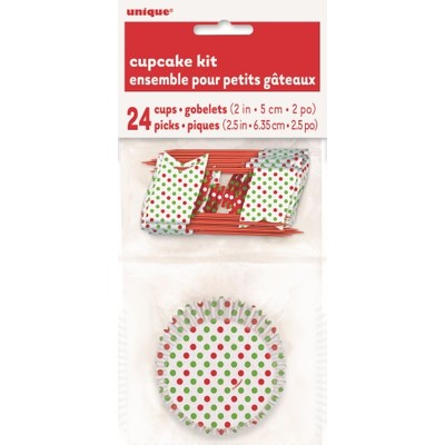 Christmas Red & Green Dots Cupcake Kit With Pick Toppers Pk 24