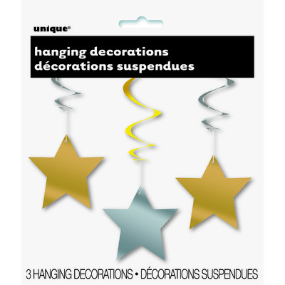 Gold & Silver Star Hanging Decorations Pk 3