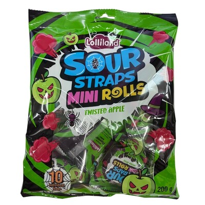 Halloween Sour Straps Mini Rolls Twisted Apple Lollies 200g │Pack 10 Sour Candy