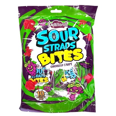 Halloween Sour Straps Bites Ghoulish Grape Lollies 200g │Pack 10 Sour Candy