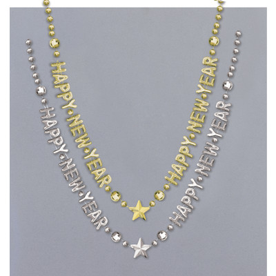 Happy New Year Necklace 28in Beads Pk1 (Gold or Silver)