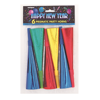 New Year Prismatic Assorted Colour Horns Pk 6