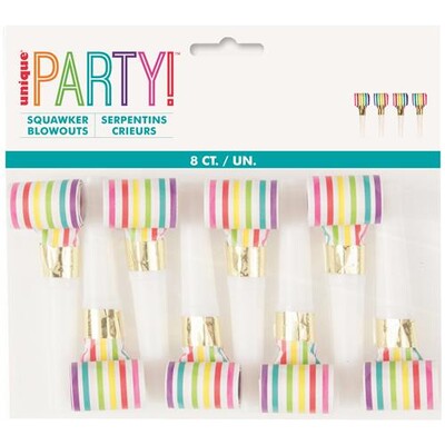 Rainbow Stripe Squawker Blowouts Pk 8 