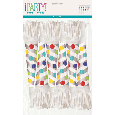 Silver Foil Party Horns with Dots & Fringe (Pk 6)