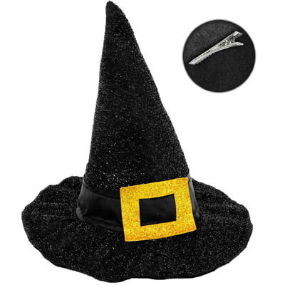 Mini Halloween Witch Hat on Clips - Black Sparkle with Buckle