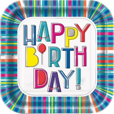Happy Birthday Striped Foil 9in. Square Paper Plates Pk 8