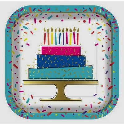 Cake & Confetti Print Foil 9in. Square Paper Plates Pk 8