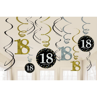 18th Birthday Black, Silver & Gold Hanging Swirl Decorations Pk 12