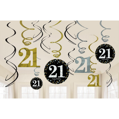 21st Birthday Black, Silver & Gold Hanging Swirl Decorations Pk 12