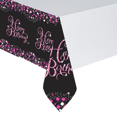 Happy Birthday Black & Pink Glitz Plastic Tablecover (1.37m x 2.59m) Pk 1