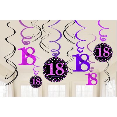 Pink Purple Black 18th Birthday Hanging Swirl Decorations (Pk 12)