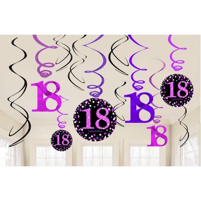 18th Birthday Black Pink & Purple Hanging Swirl Decorations Pk 12