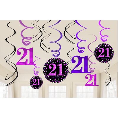Pink Purple Black 21st Birthday Hanging Swirl Decorations (Pk 12)