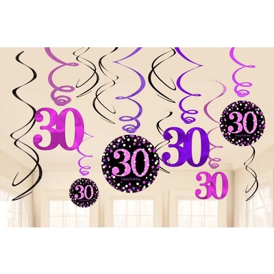 30th Birthday Black, Purple & Pink Hanging Swirl Decorations Pk 12