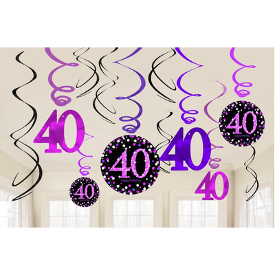 Pink Purple Black 40th Birthday Hanging Swirl Decorations (Pk 12)