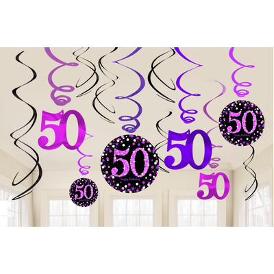 Pink Purple Black 50th Birthday Hanging Swirl Decorations (Pk 12)