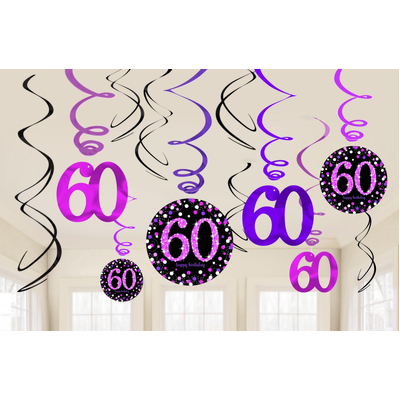 Pink Purple Black 60th Birthday Hanging Swirl Decorations (Pk 12)