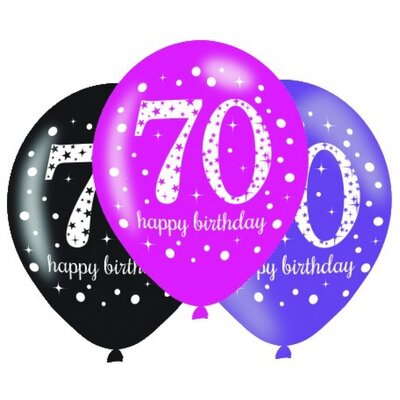 Pink Black Purple AOP 70 Happy Birthday Latex Balloons (11in, 27.5cm) Pk 6