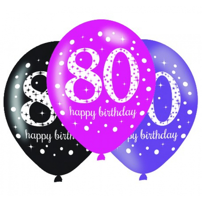 Pink Black Purple AOP 80 Happy Birthday Latex Balloons (11in, 27.5cm) Pk 6