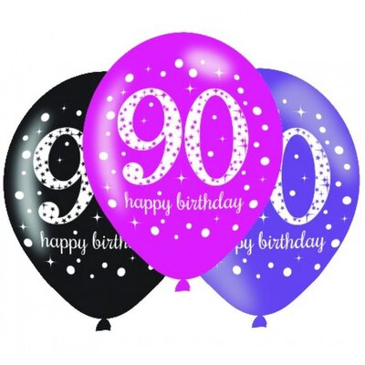 Pink Black Purple AOP 90 Happy Birthday Latex Balloons (11in, 27.5cm) Pk 6