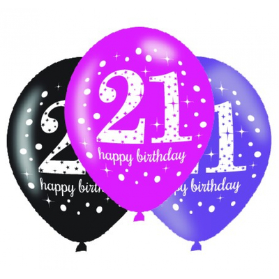 Pink Black Purple AOP 21 Happy Birthday Latex Balloons (11in, 27.5cm) Pk 6