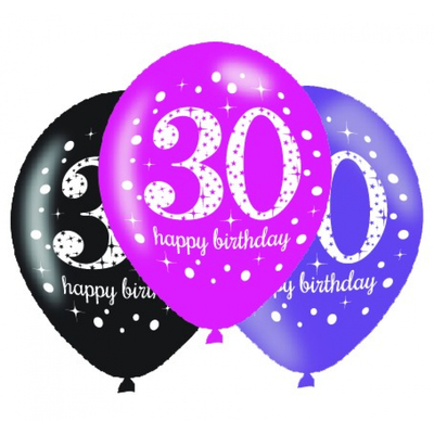 Pink Black Purple AOP 30 Happy Birthday Latex Balloons (11in, 27.5cm) Pk 6