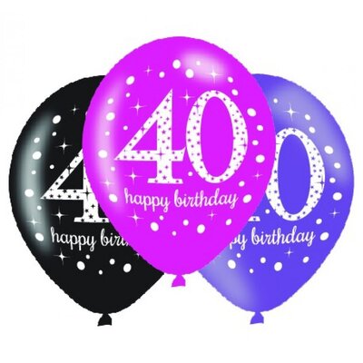 Pink Black Purple AOP 40 Happy Birthday Latex Balloons (11in, 28cm) Pk 6