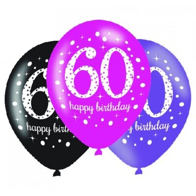 Pink Black Purple AOP 60 Happy Birthday Latex Balloons (11in, 27.5cm) Pk 6