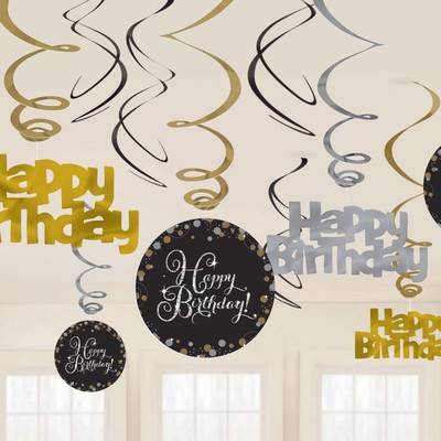 Happy Birthday Black & Gold Hanging Swirl Decorations Pk 12