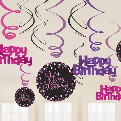 Happy Birthday Pink, Purple & Black Hanging Swirl Decorations Pk 12
