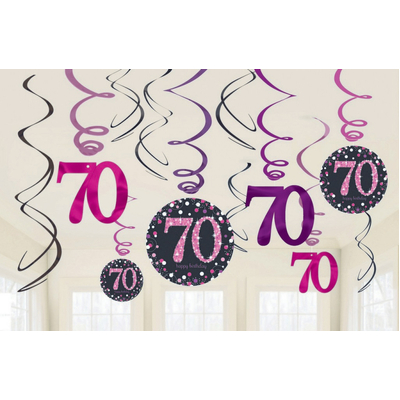 Pink Purple Black 70th Birthday Hanging Swirl Decorations (Pk 12)