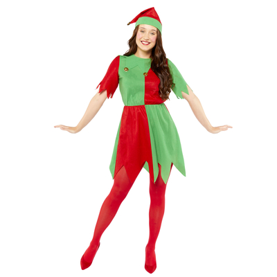 Adult Basic Christmas Elf Dress & Hat Costume (Small/Medium)