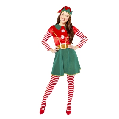 Adult Fancy Christmas Elf Dress & Hat Costume (Med-Lge, 12-14)