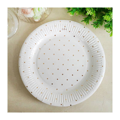 White 9in. Paper Plates with Metallic Gold Dots Pk 12