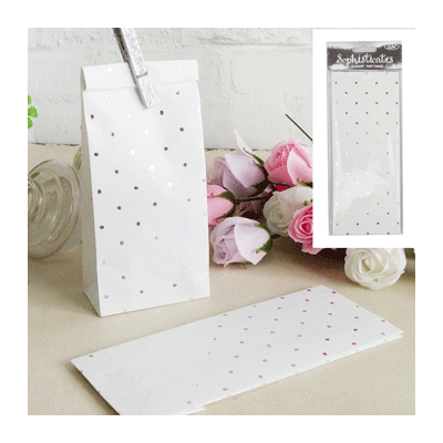 White Paper Party Loot Bags with Metallic Silver Dots Pk 4