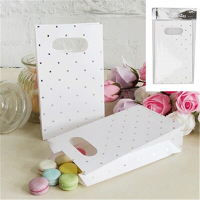 White Paper Loot Bags with Silver Dots & Handle (Pk 6)