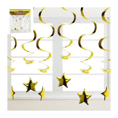Metallic Gold Plastic Hanging Stars Swirl Decoration Pk 6