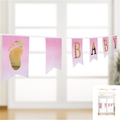 Pink & Gold Baby Shower Pennant Bunting Banner | Ready to Hang Baby Shower Decoration