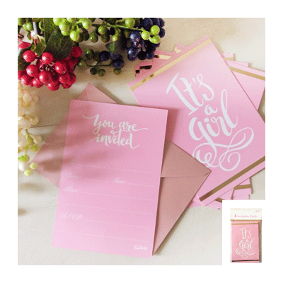 It's A Girl Pink & Gold Invitations & Envelopes Pk 8