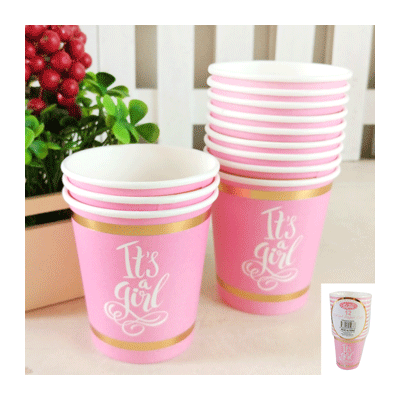 It's A Girl Pink & Gold 200ml Paper Cups Pk 12