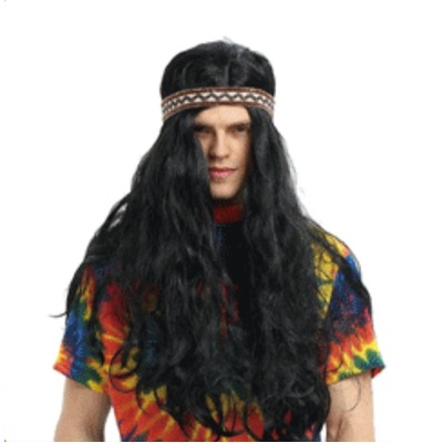 Adult Long Black Hippie Hippy Dude Wig with Headband Pk 1