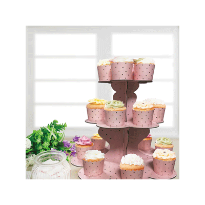 Pink 3 Tier Cupcake Stand with Gold Dots Pk 1