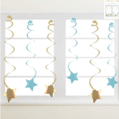 Luxe Blue & Gold Hanging Star Swirl Decorations Pk 6 