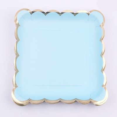 Luxe Blue Square Paper Plates with Gold Trim (18cm) Pk 12