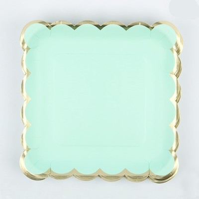 Luxe Mint Green Square Paper Plates with Gold Trim (18cm) Pk 12