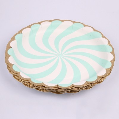 Luxe Mint Green & White Fan Stripe Paper Plates with Gold Trim (22cm) Pk 12
